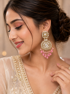 Pink Kundan-Style Beaded Chandelier Earrings