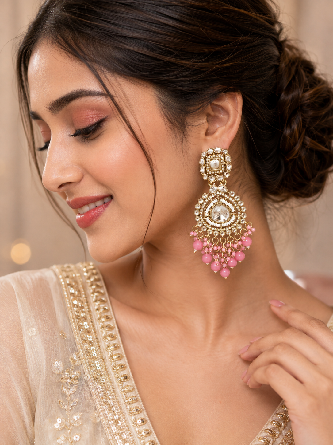 Pink Kundan-Style Beaded Chandelier Earrings