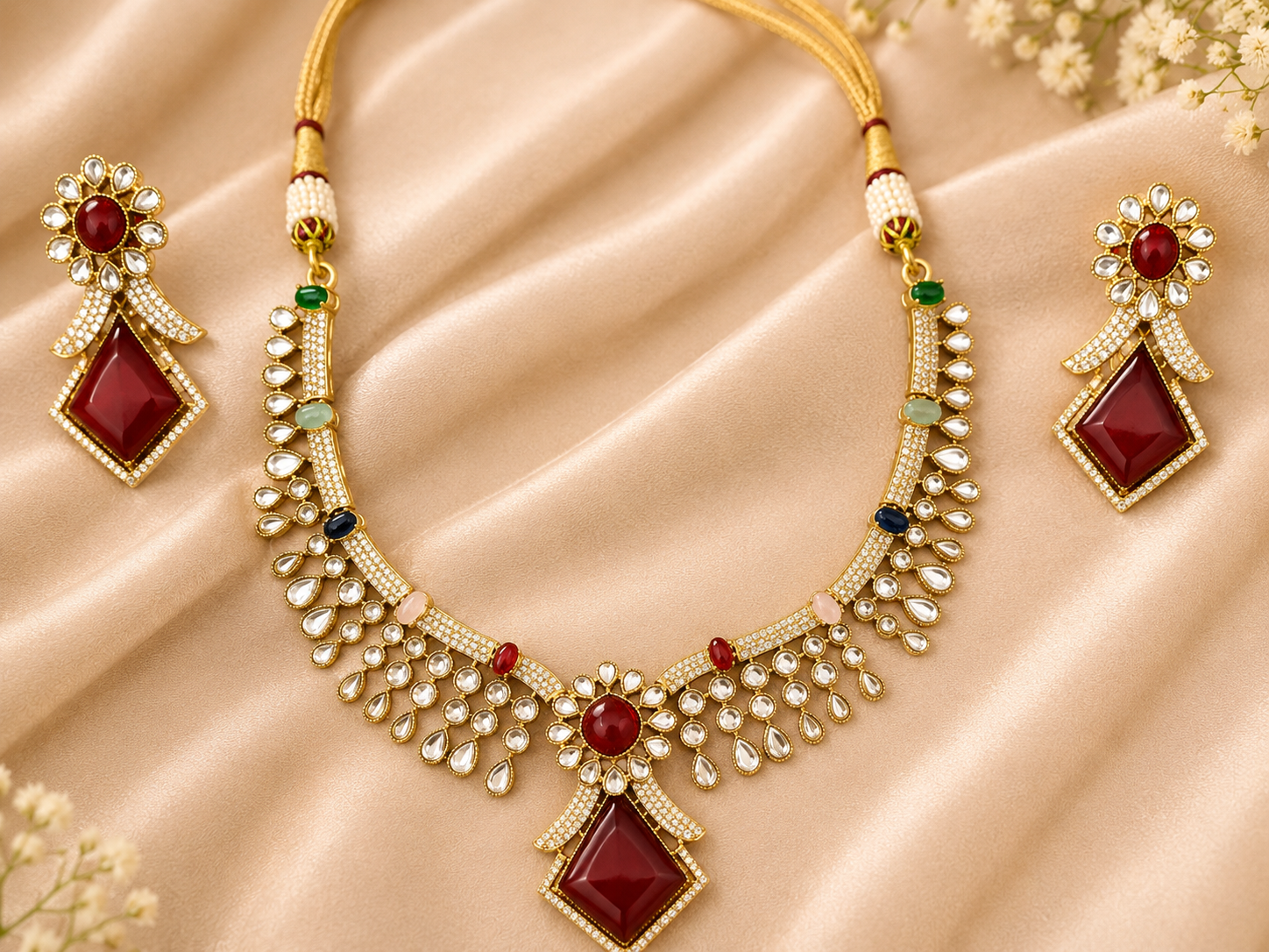 Red & Gold Kundan-Style Necklace & Earrings Set – Artificial Fashion Jewellery
