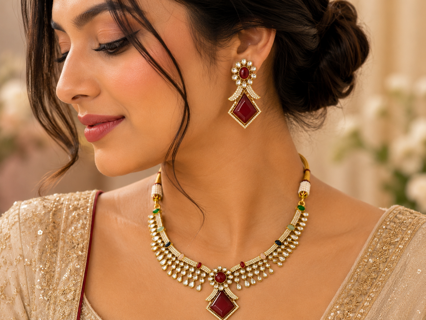 Red & Gold Kundan-Style Necklace & Earrings Set – Artificial Fashion Jewellery