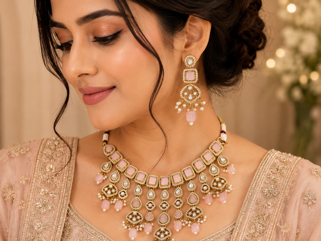 Gold-Tone Pink Stone Necklace Set with Matching Earrings