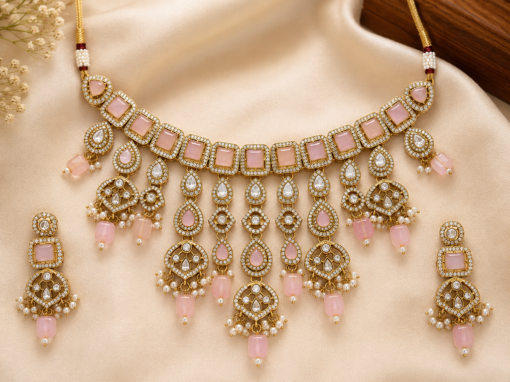 Gold-Tone Pink Stone Necklace Set with Matching Earrings