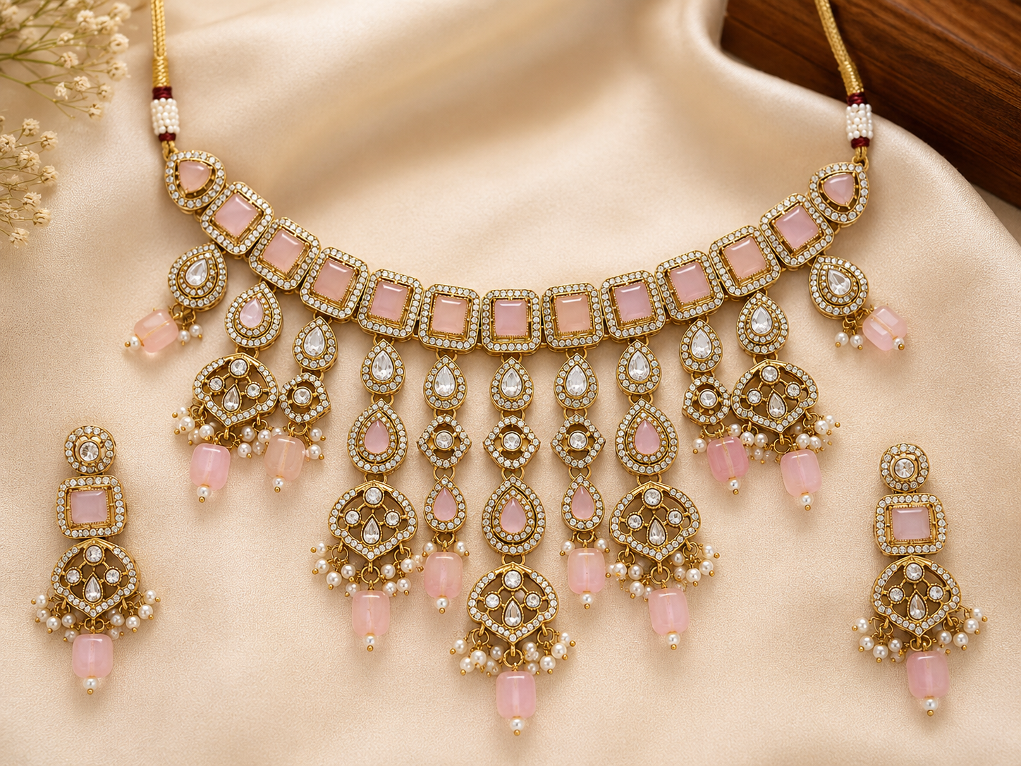 Gold-Tone Pink Stone Necklace Set with Matching Earrings