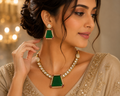 Emerald Green Statement Necklace Set – Gold-Tone Necklace & Matching Earrings