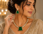 Emerald Green Statement Necklace Set – Gold-Tone Necklace & Matching Earrings