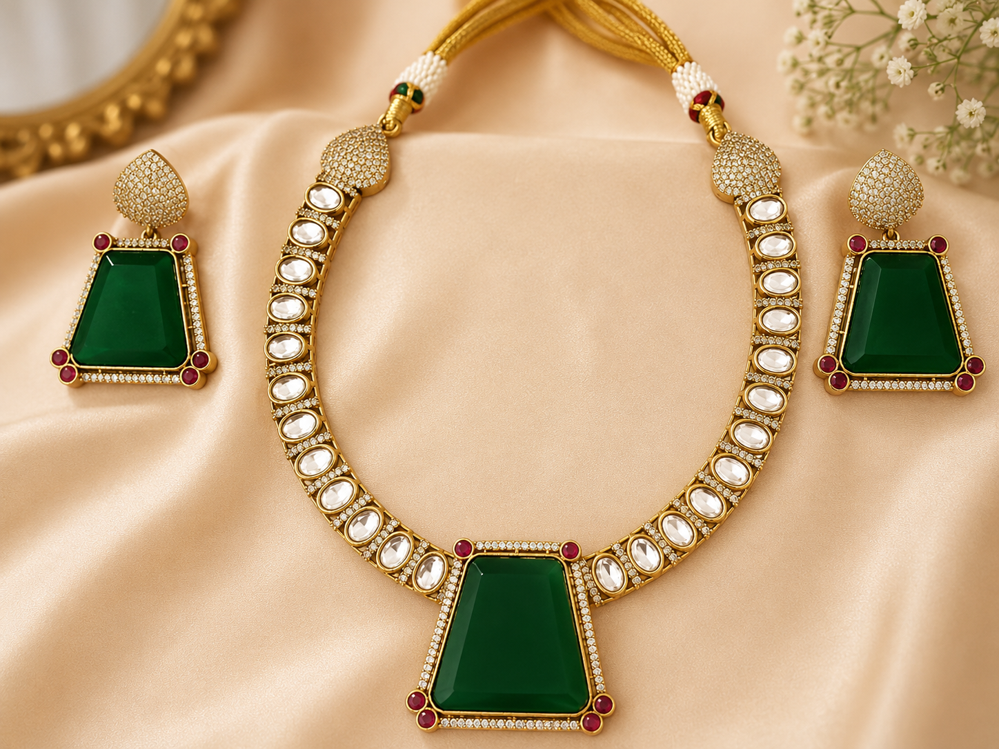 Emerald Green Statement Necklace Set – Gold-Tone Necklace & Matching Earrings
