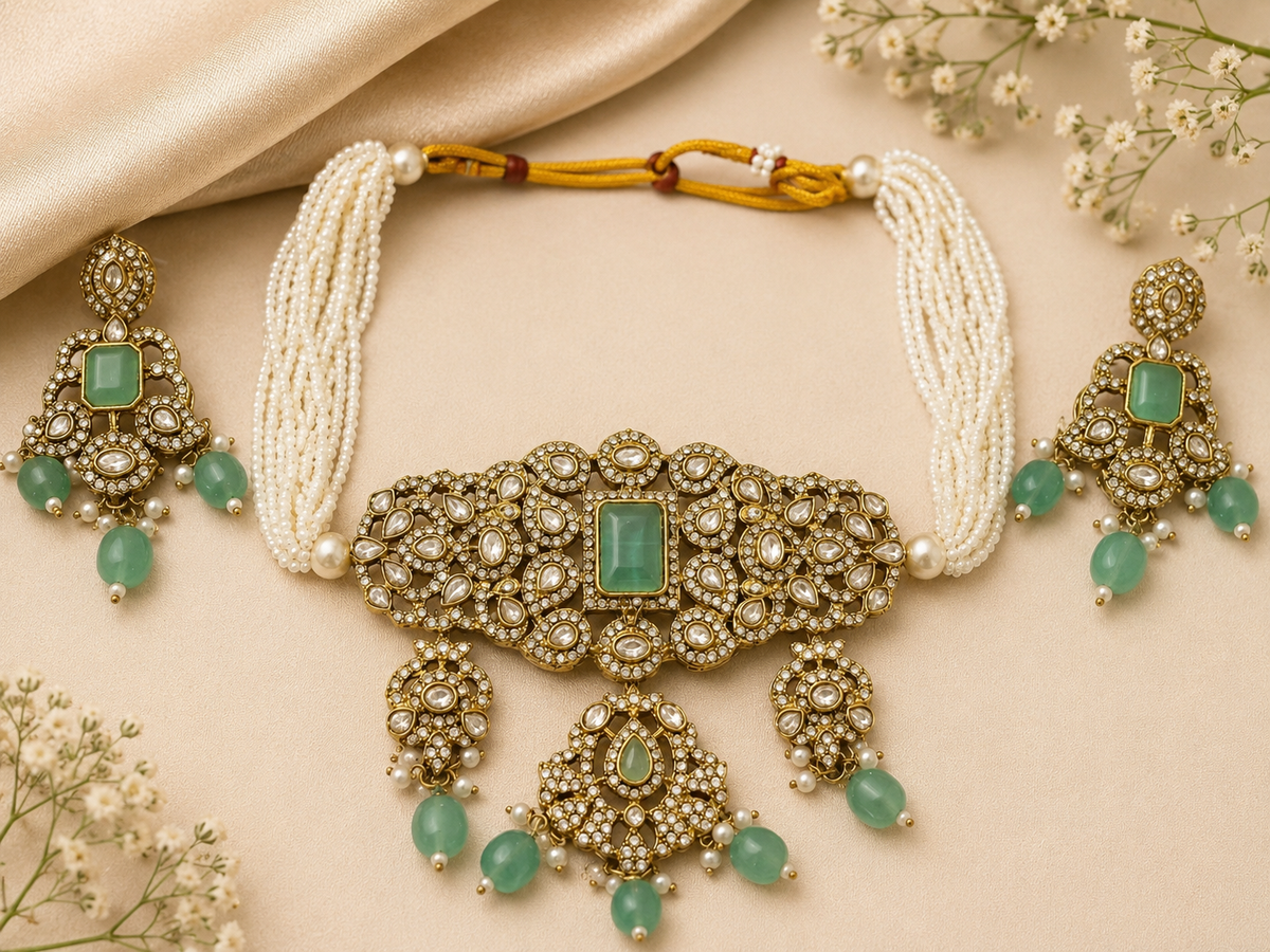 Mint Green Kundan-Style Choker Necklace Set