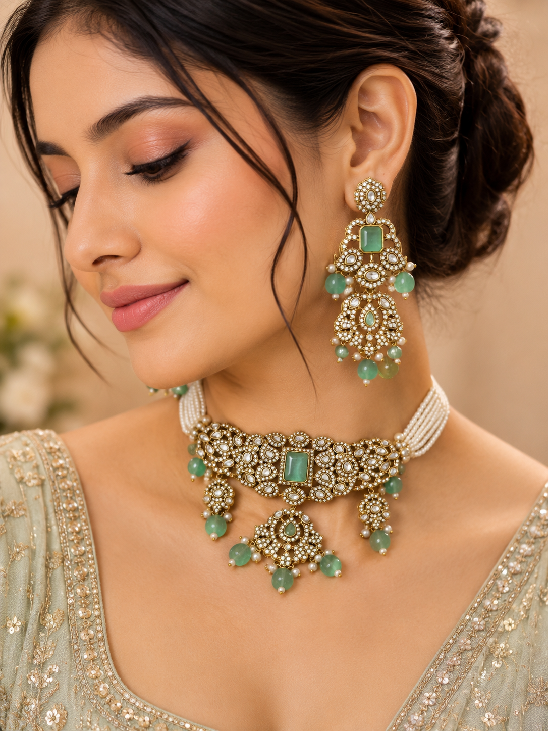 Mint Green Kundan-Style Choker Necklace Set