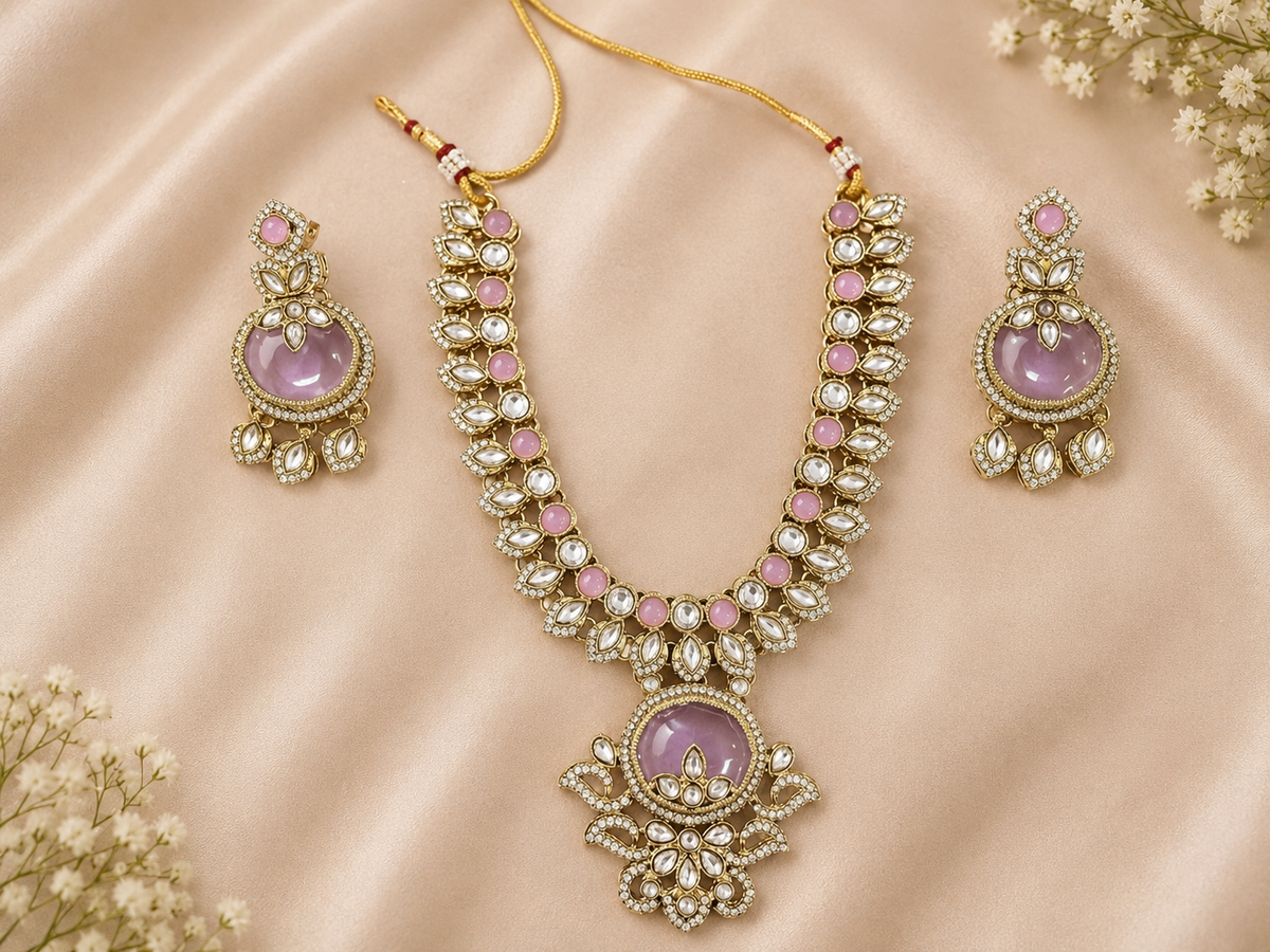 Pink & Lavender Kundan-Style Necklace & Earrings Set – Artificial Fashion Jewellery