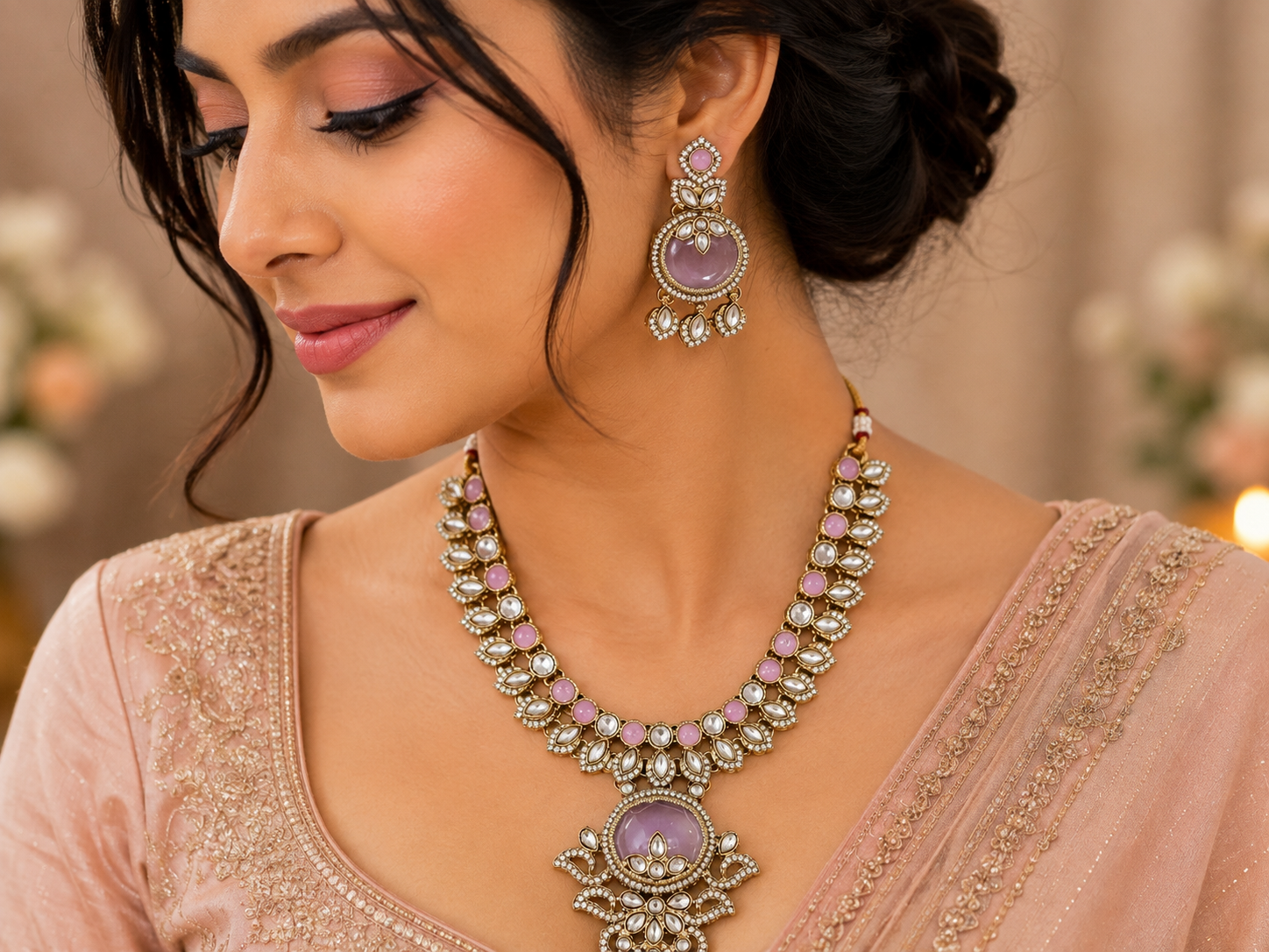 Pink & Lavender Kundan-Style Necklace & Earrings Set – Artificial Fashion Jewellery