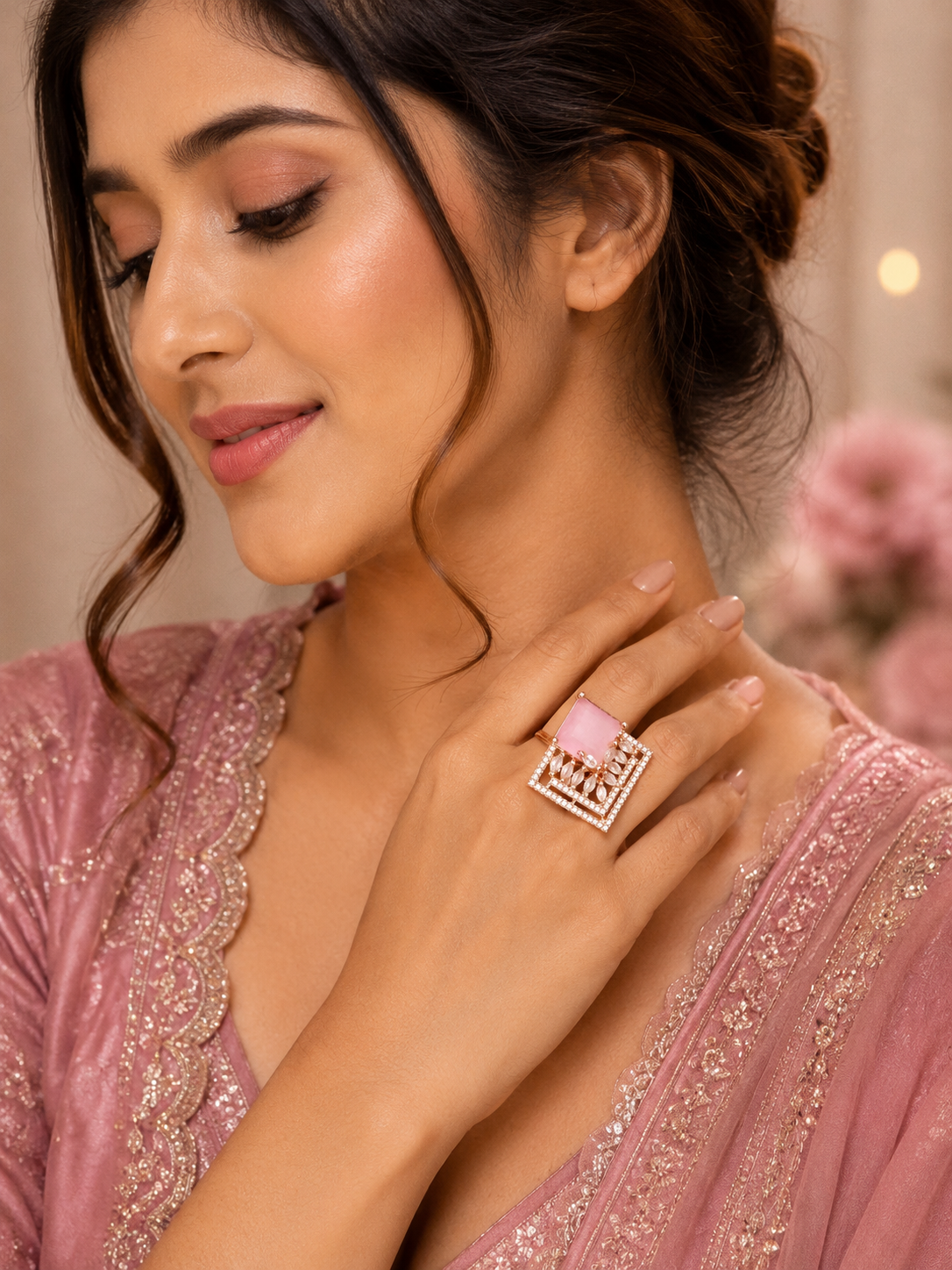 Pink Floral Square Statement Ring