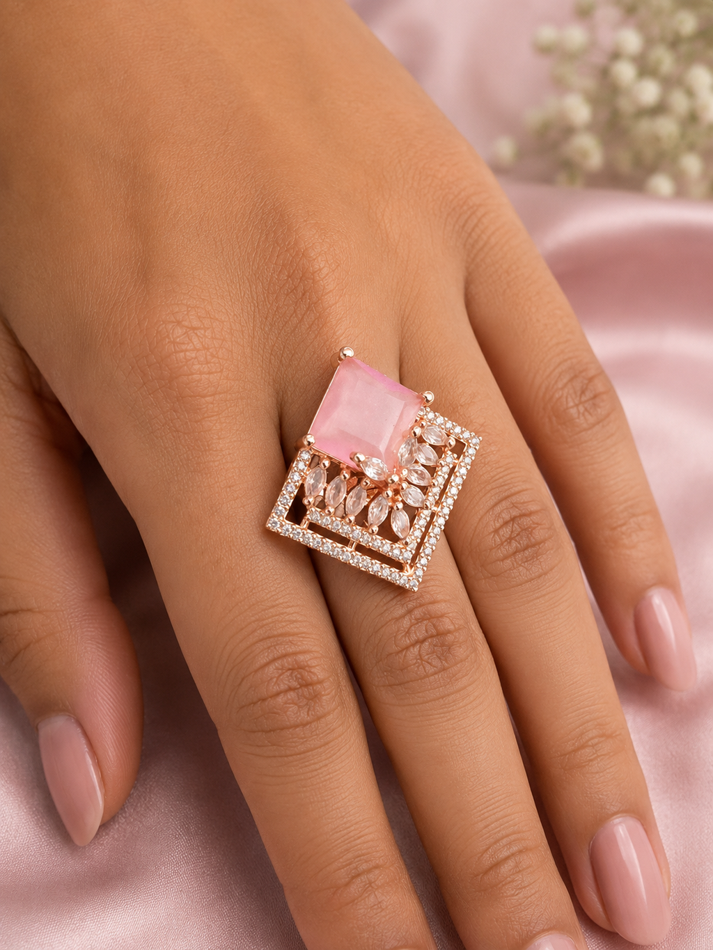 Pink Floral Square Statement Ring