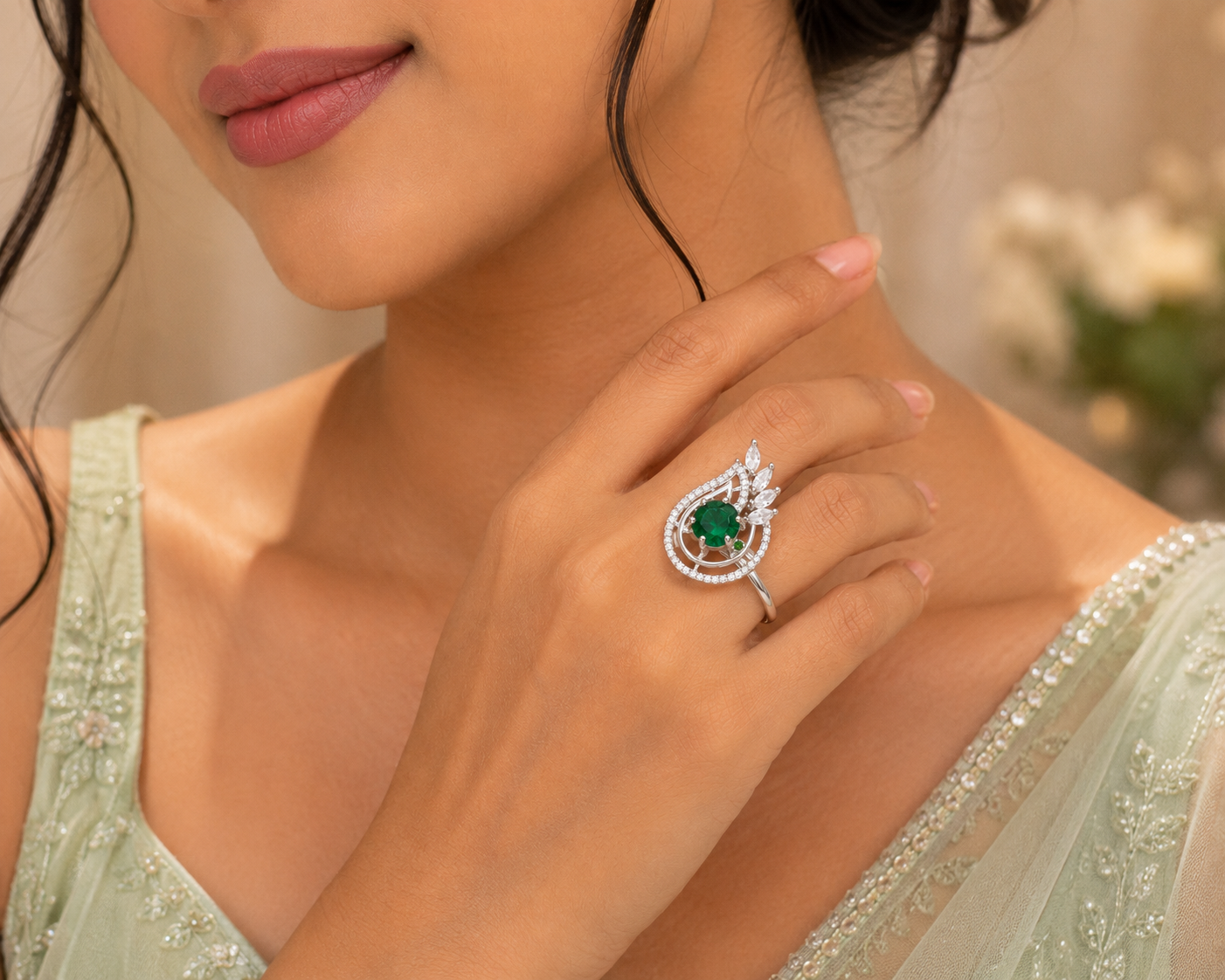 Elegant Green Stone Silver-Tone Statement Ring