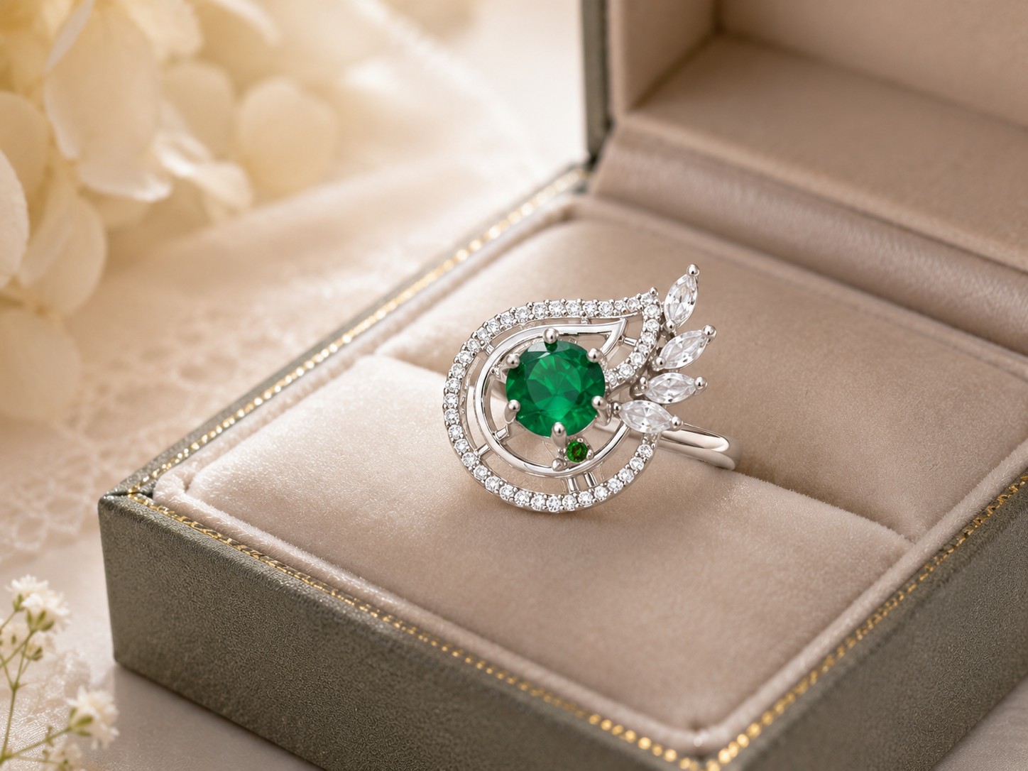 Elegant Green Stone Silver-Tone Statement Ring