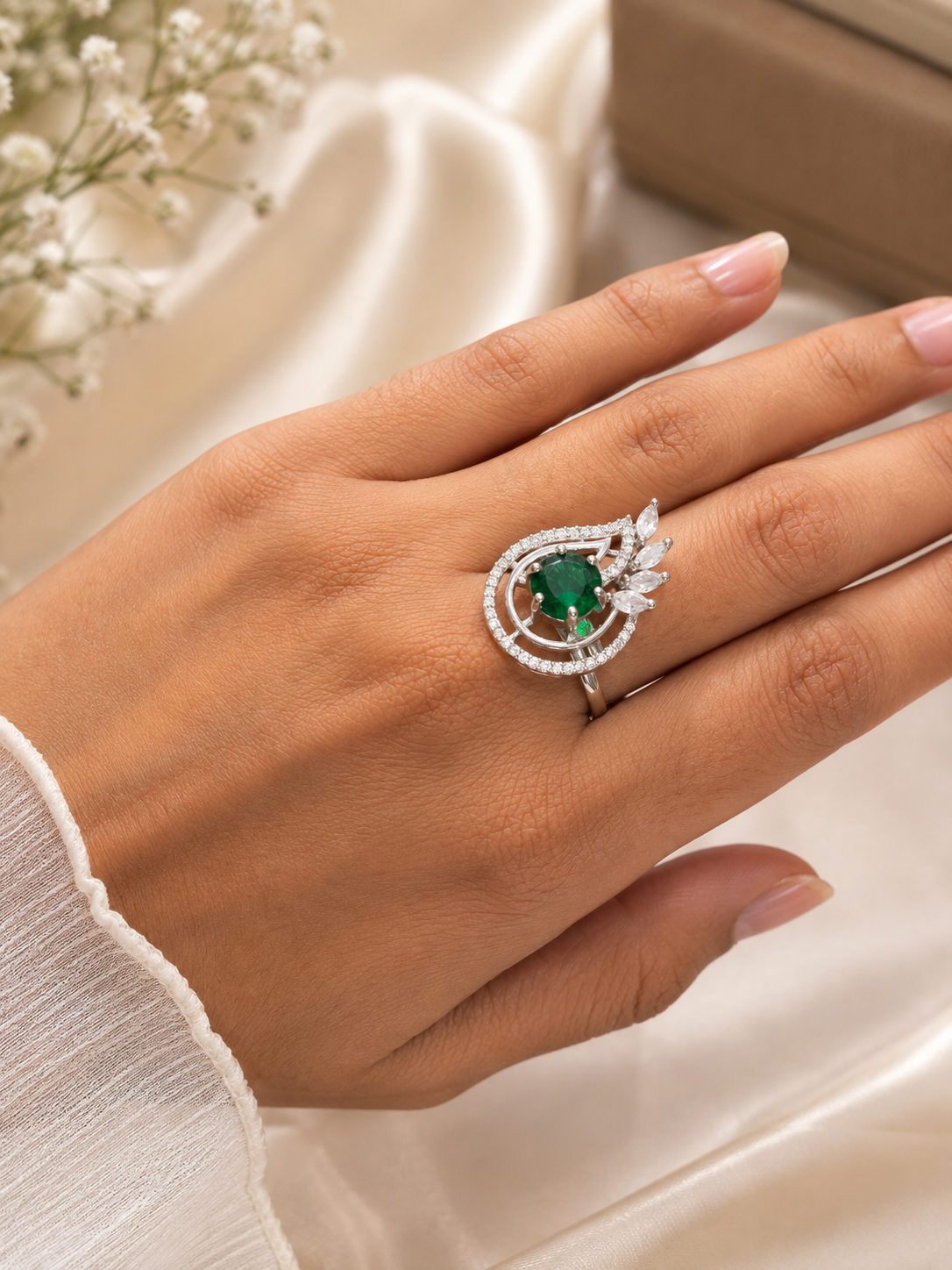 Elegant Green Stone Silver-Tone Statement Ring