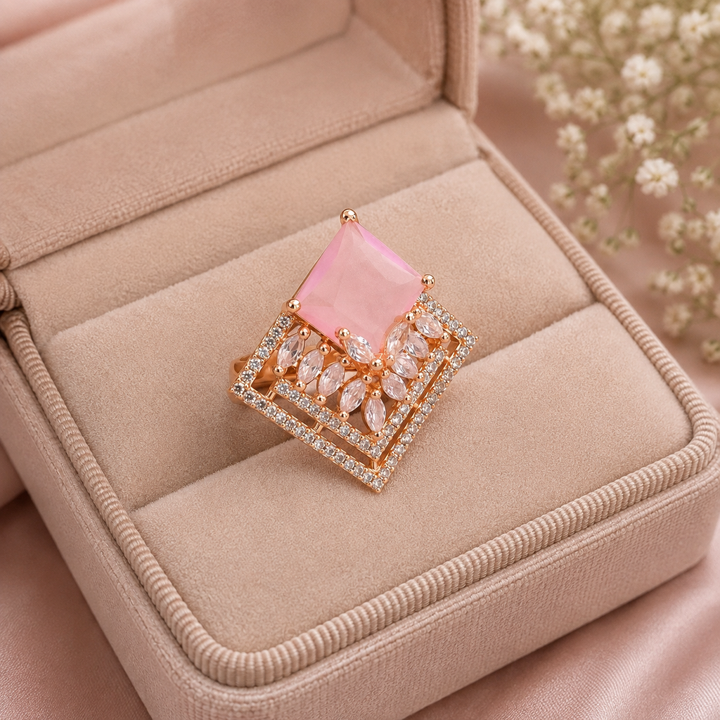 Pink Floral Square Statement Ring