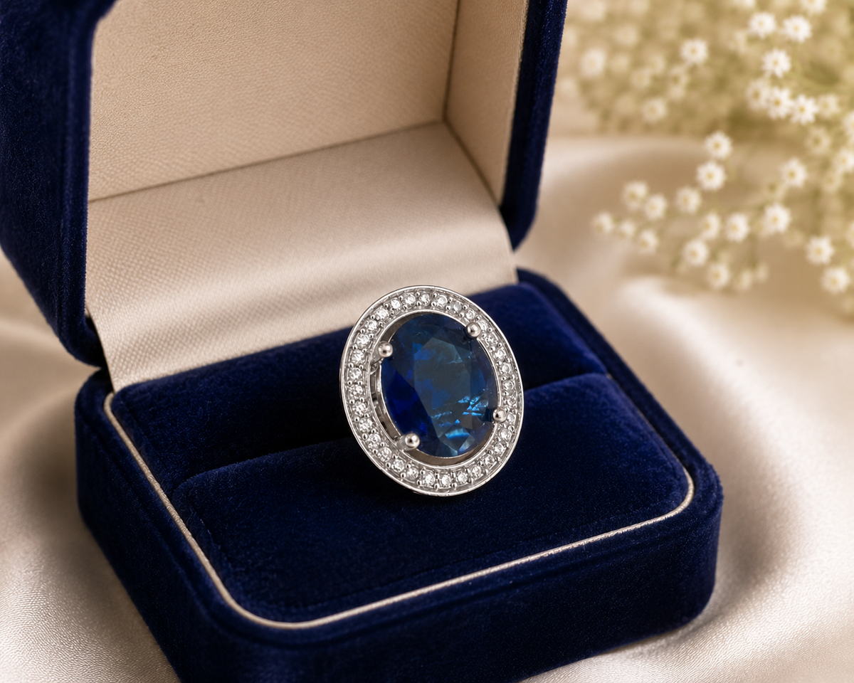 Blue Oval Stone Statement Ring – Silver-Tone Crystal Halo Ring