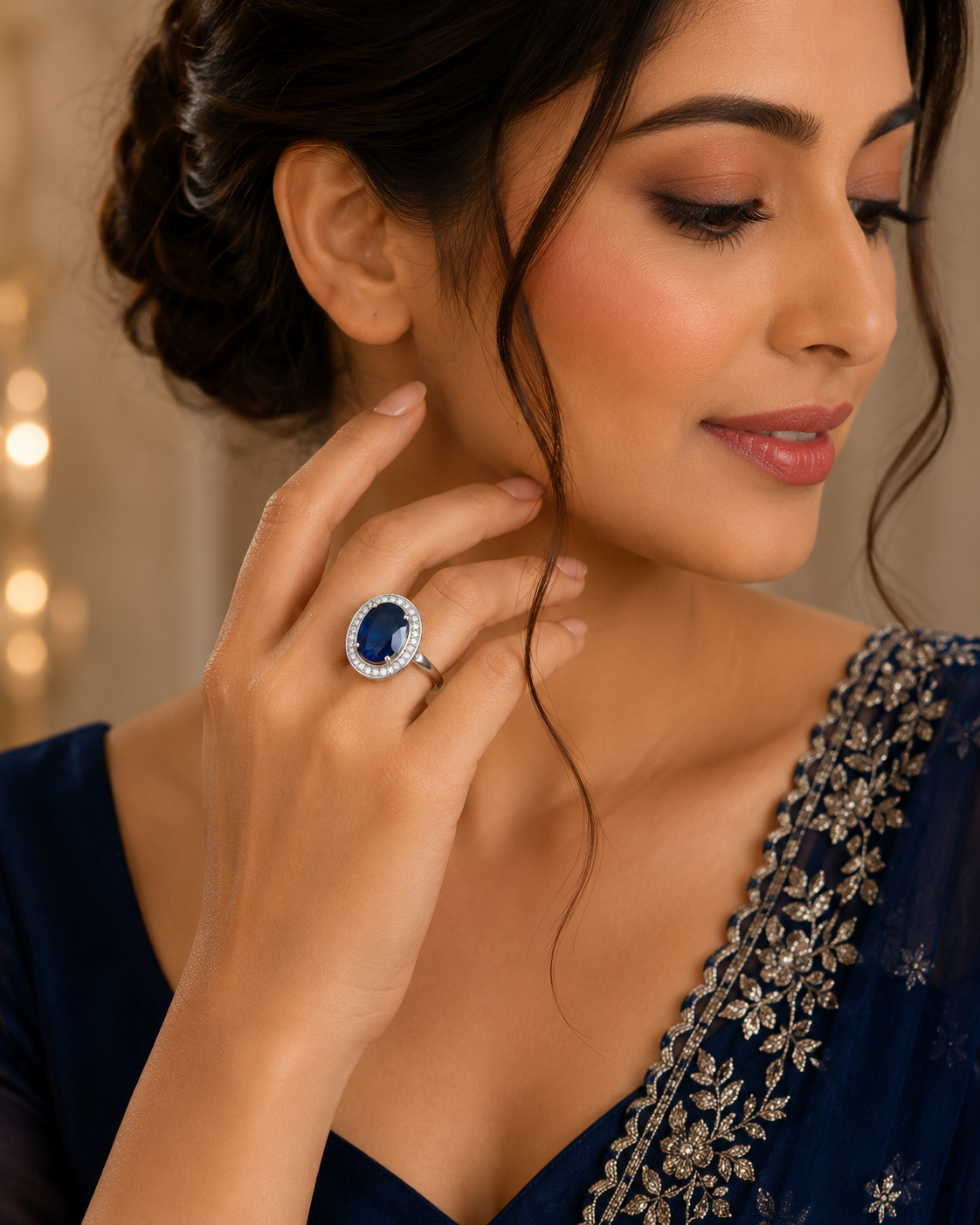 Blue Oval Stone Statement Ring – Silver-Tone Crystal Halo Ring