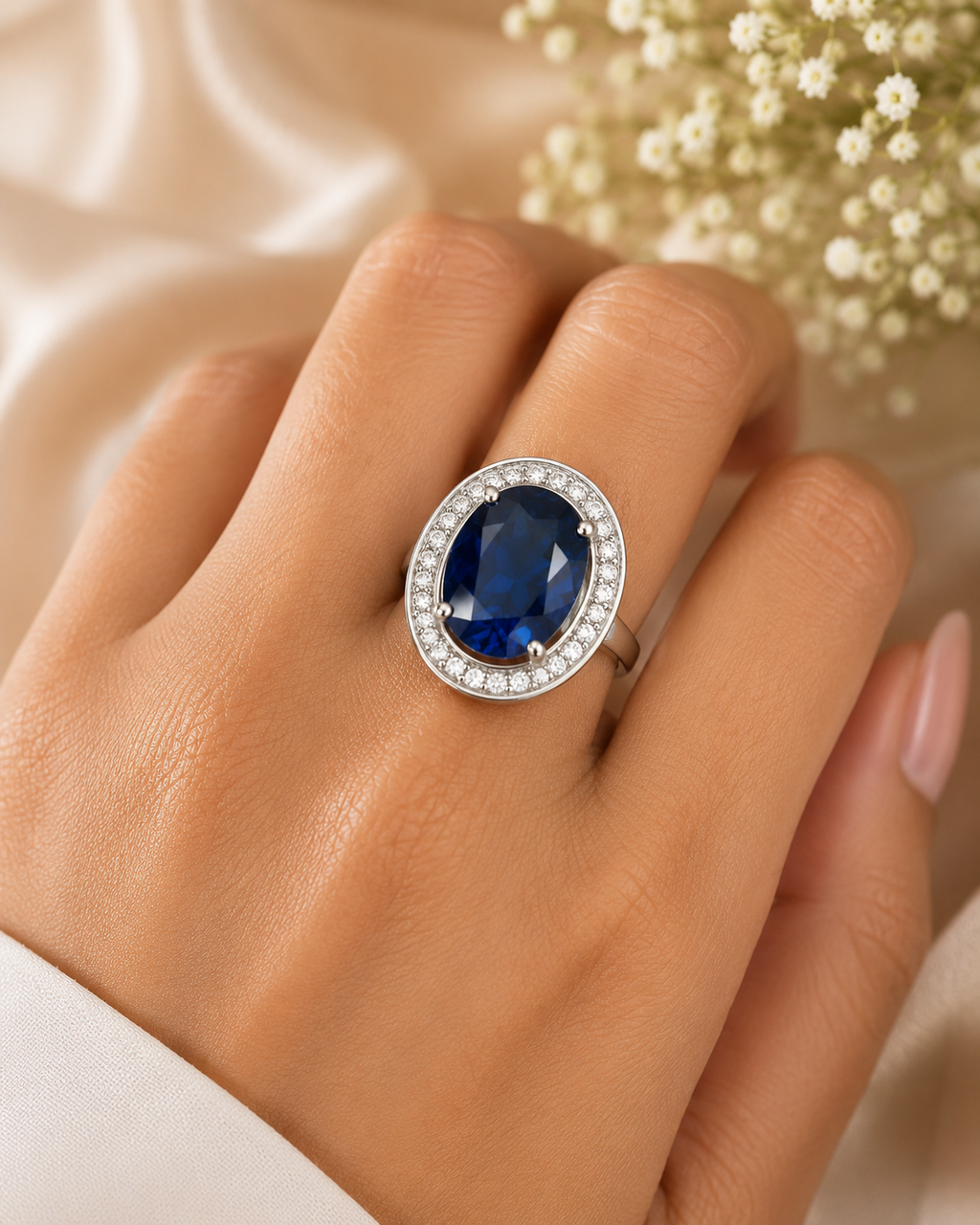 Blue Oval Stone Statement Ring – Silver-Tone Crystal Halo Ring