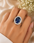 Blue Oval Stone Statement Ring – Silver-Tone Crystal Halo Ring