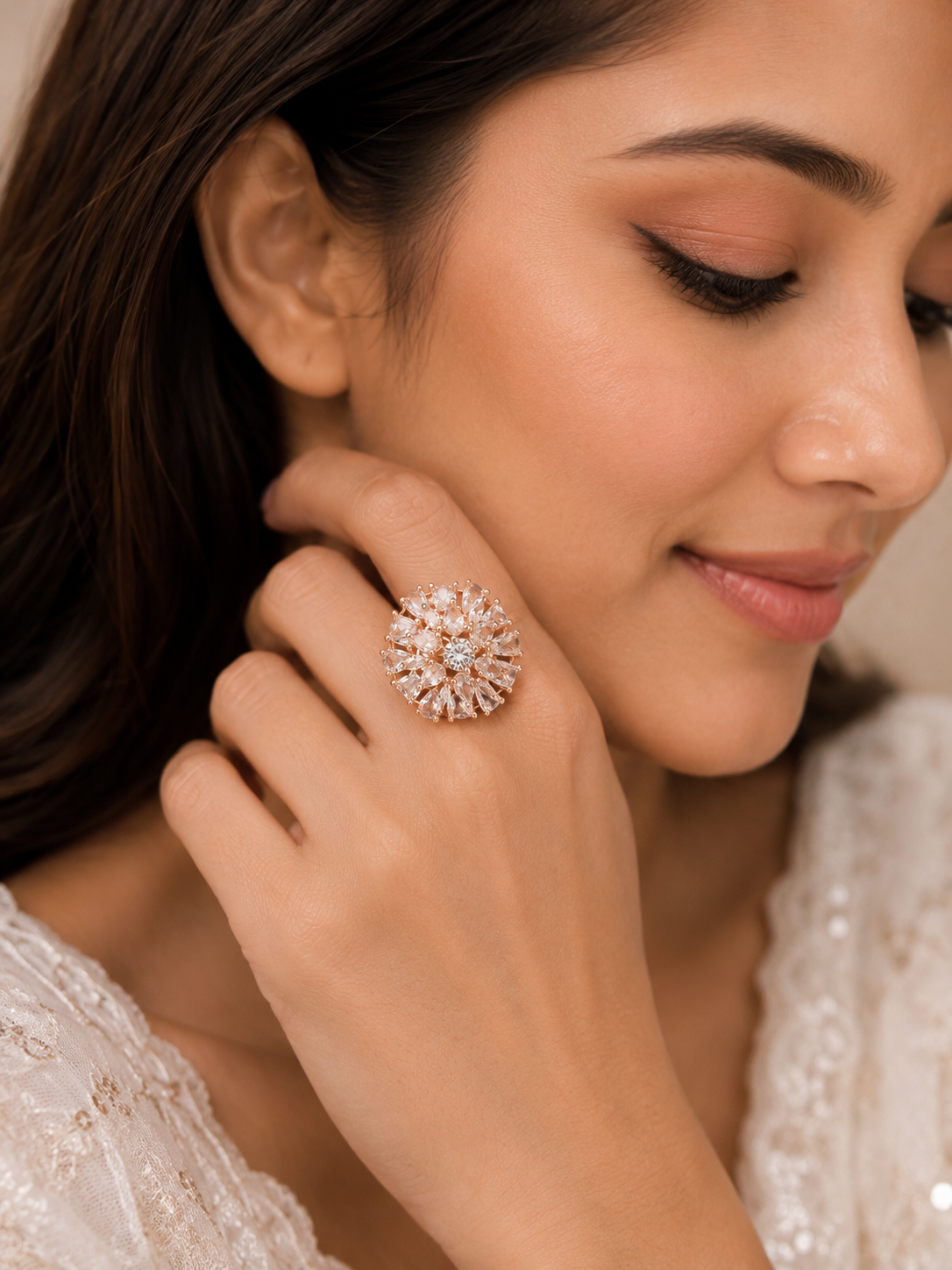 Rose Gold Floral Crystal Cluster Statement Ring