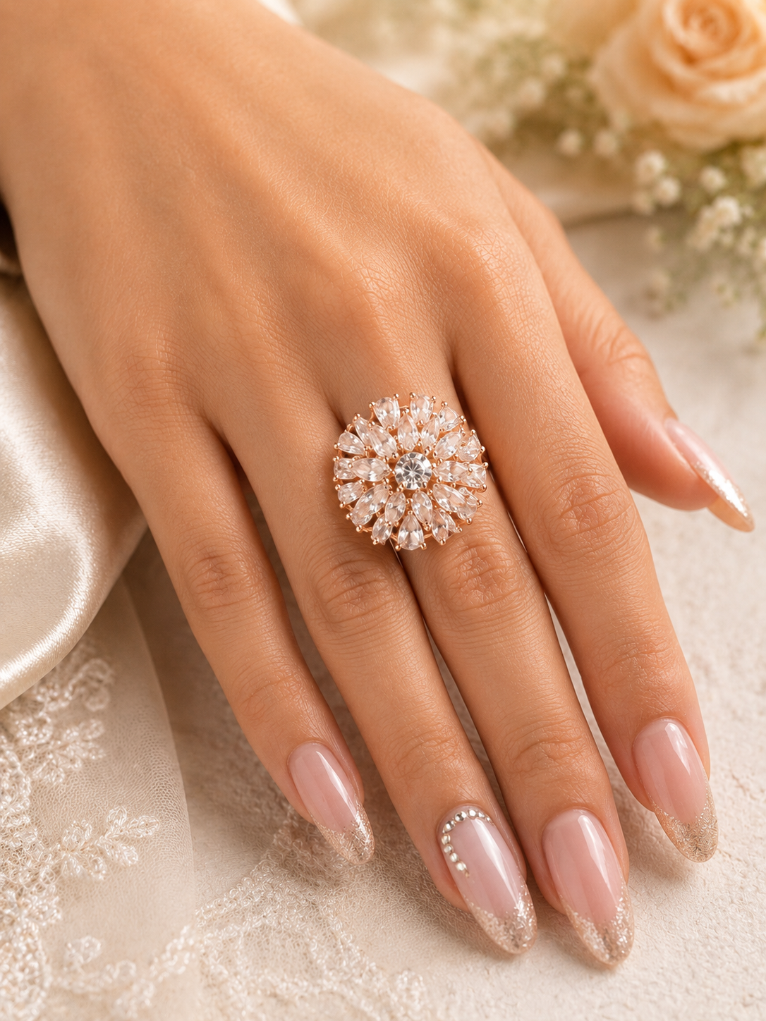 Rose Gold Floral Crystal Cluster Statement Ring