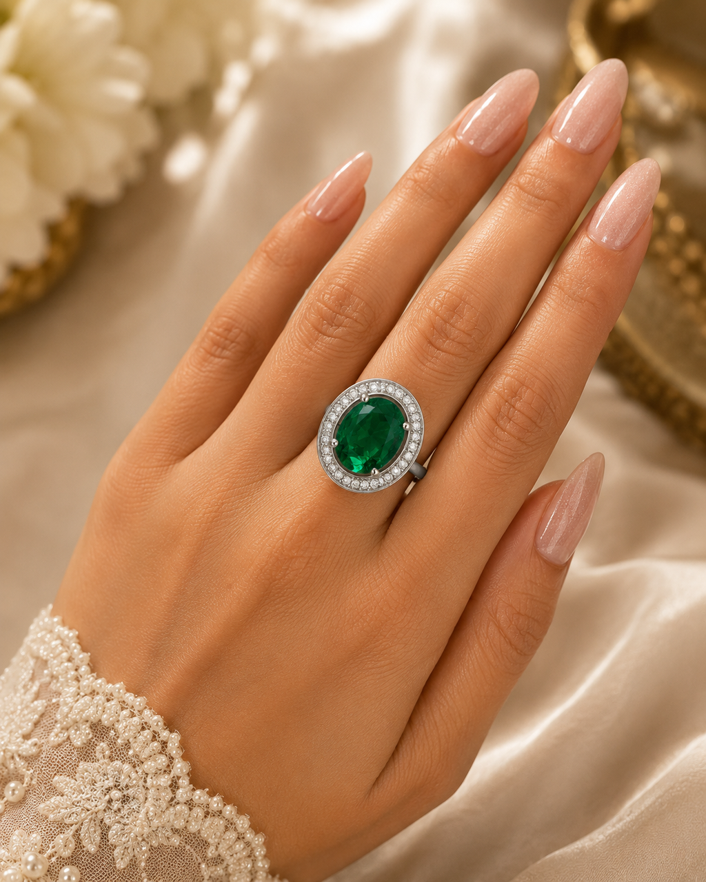 Emerald Green Oval Stone Statement Ring