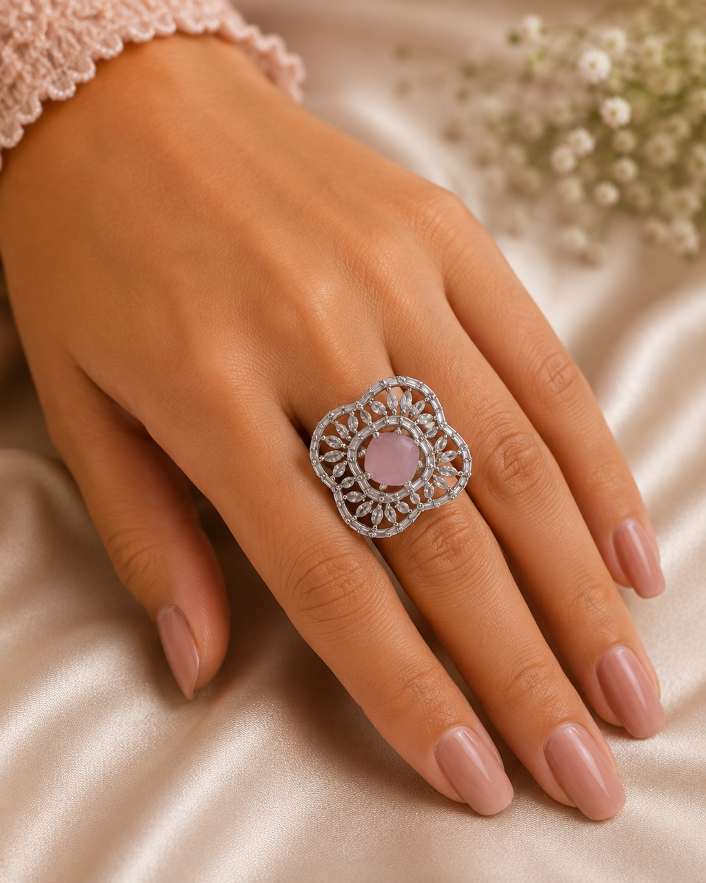 Rose Pink Floral Statement Ring – Silver-Tone Crystal Ring