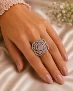 Rose Pink Floral Statement Ring – Silver-Tone Crystal Ring