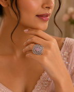 Rose Pink Floral Statement Ring – Silver-Tone Crystal Ring