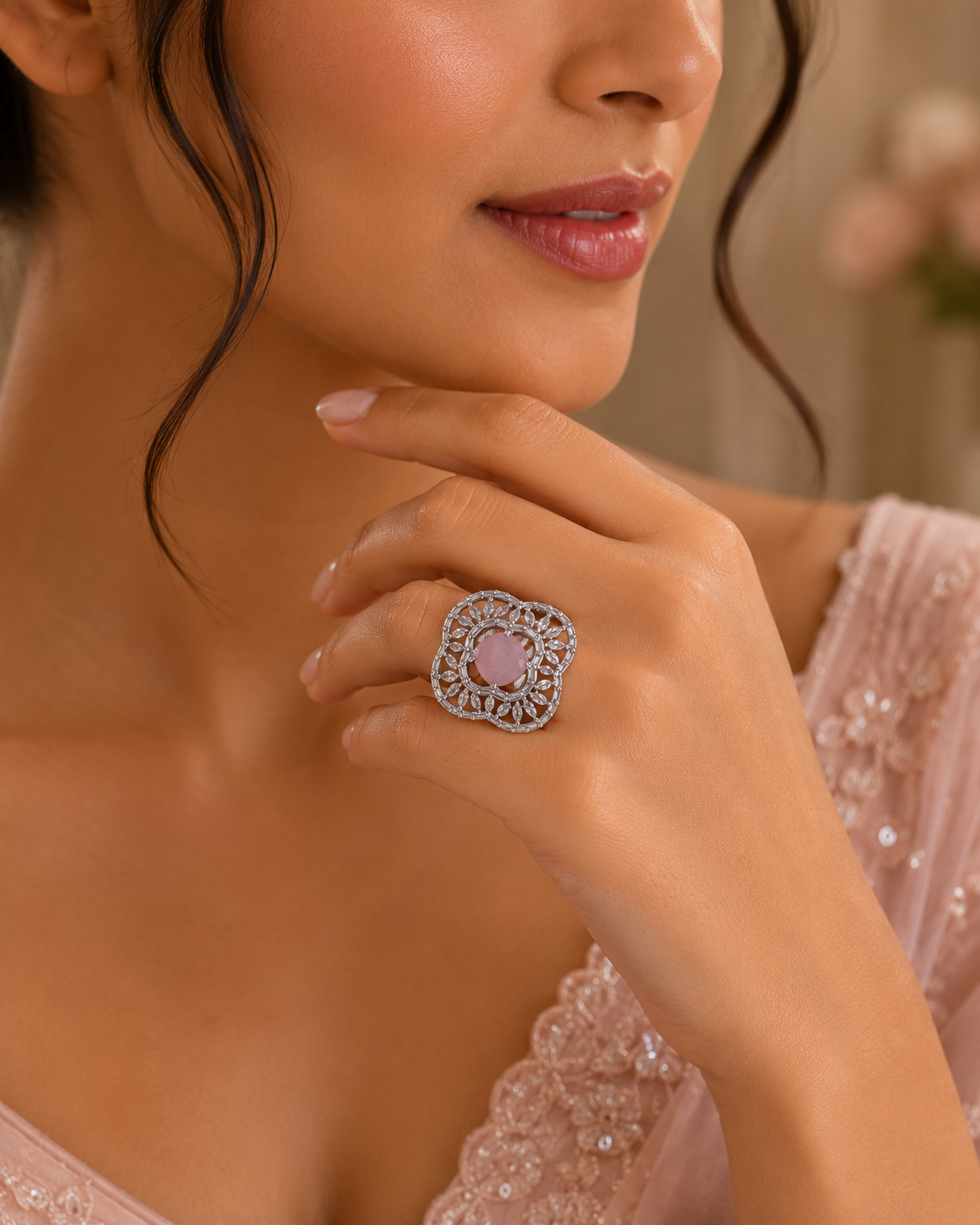 Rose Pink Floral Statement Ring – Silver-Tone Crystal Ring
