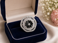 Black Floral Statement Ring – Silver-Tone Crystal Halo Ring