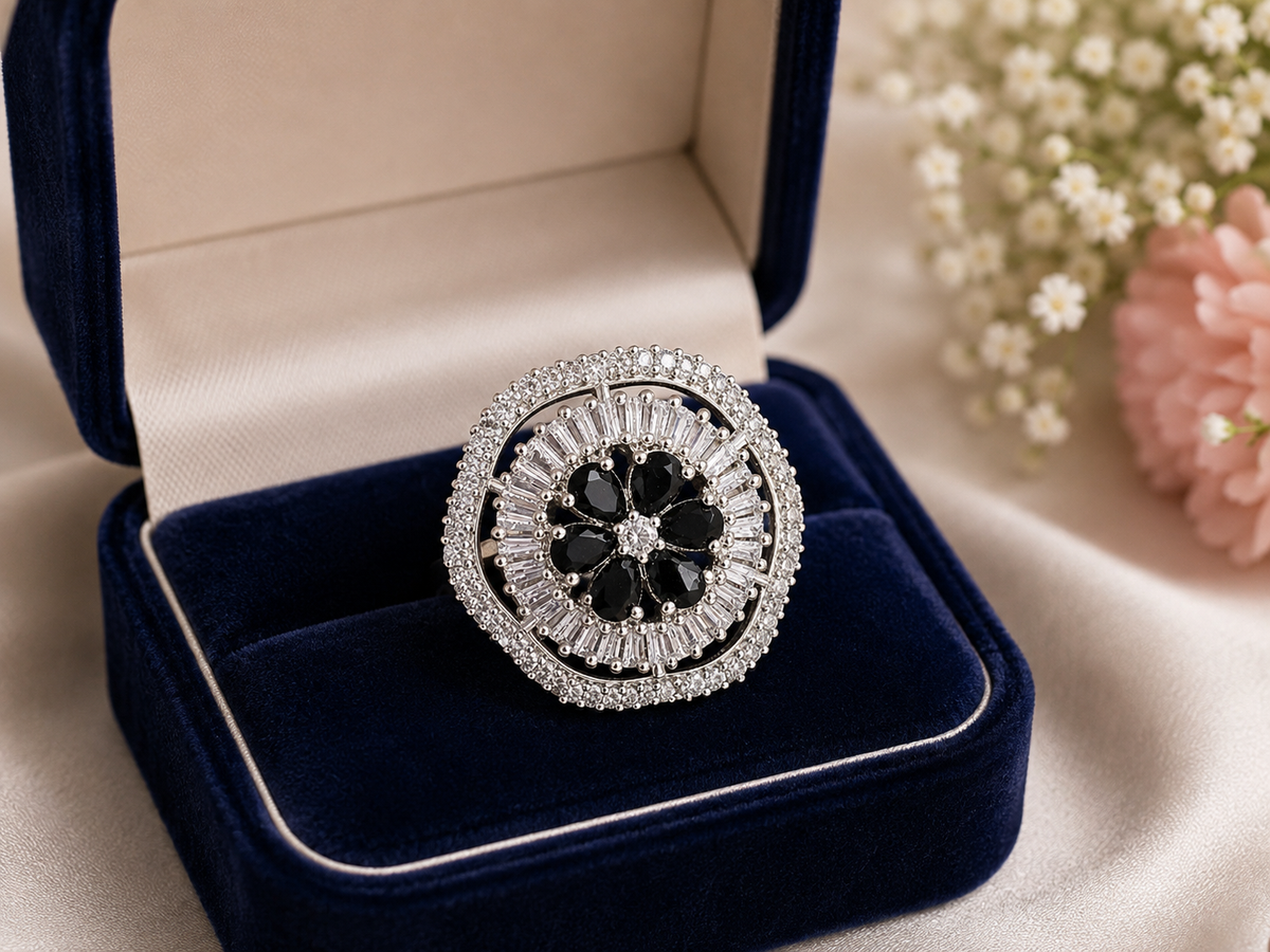 Black Floral Statement Ring – Silver-Tone Crystal Halo Ring