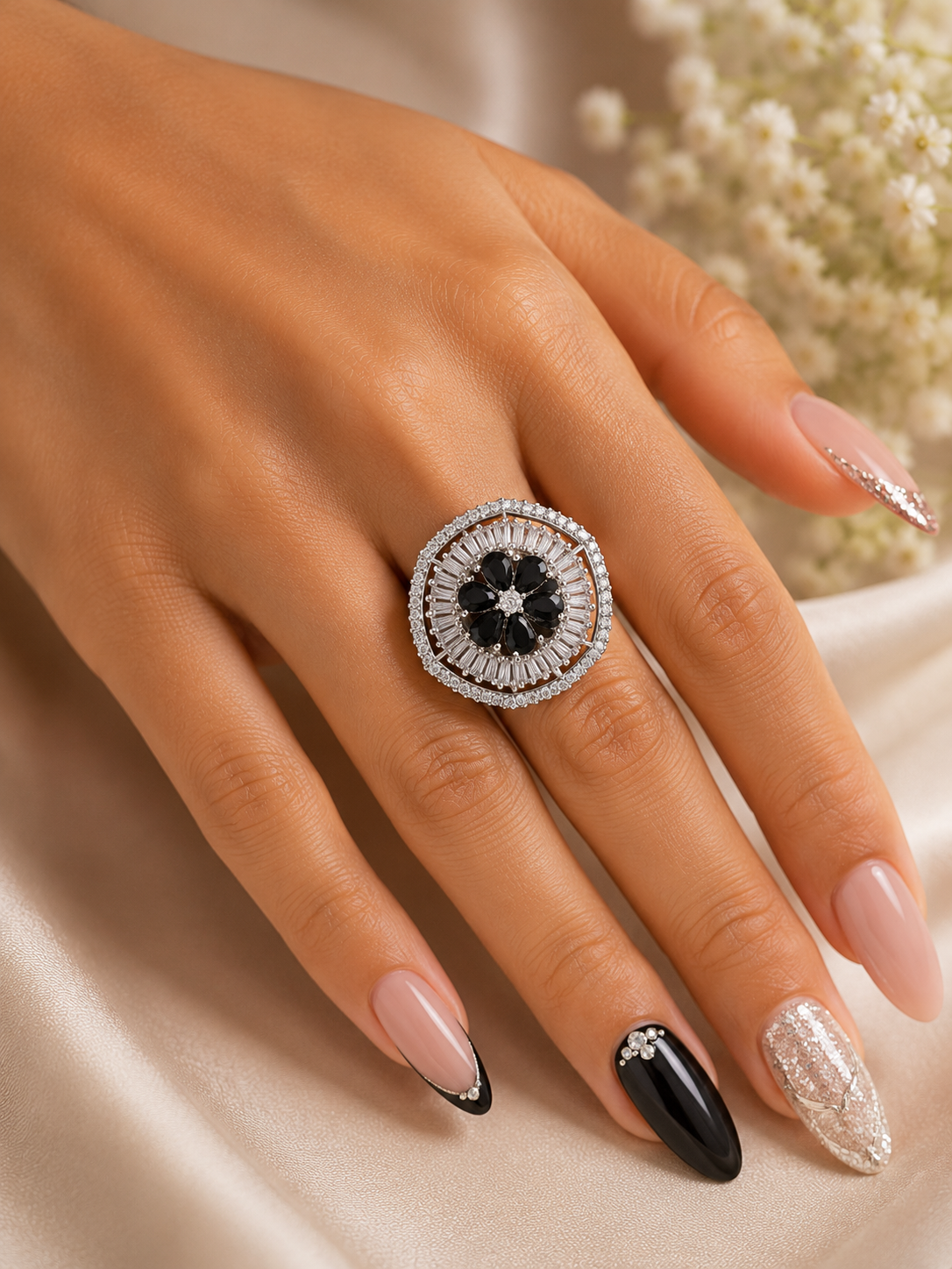 Black Floral Statement Ring – Silver-Tone Crystal Halo Ring