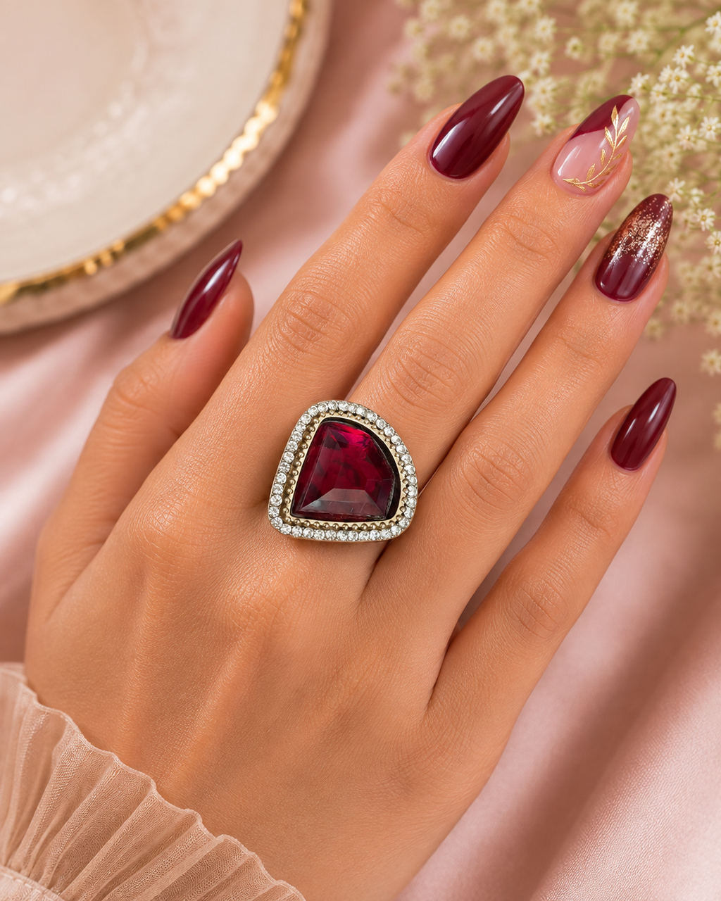 Deep Red Statement Crystal Ring