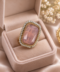 Blush Pink Statement Ring – Gold-Tone Crystal Halo Ring