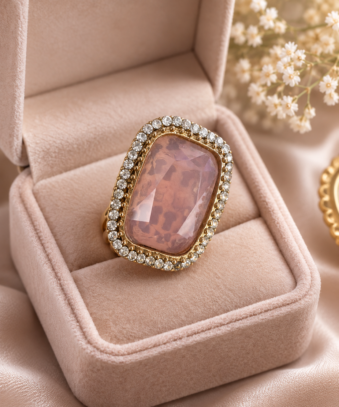 Blush Pink Statement Ring – Gold-Tone Crystal Halo Ring
