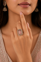 Blush Pink Statement Ring – Gold-Tone Crystal Halo Ring