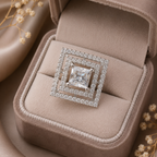 Crystal Square Statement Ring – Silver-Tone Geometric Halo Ring