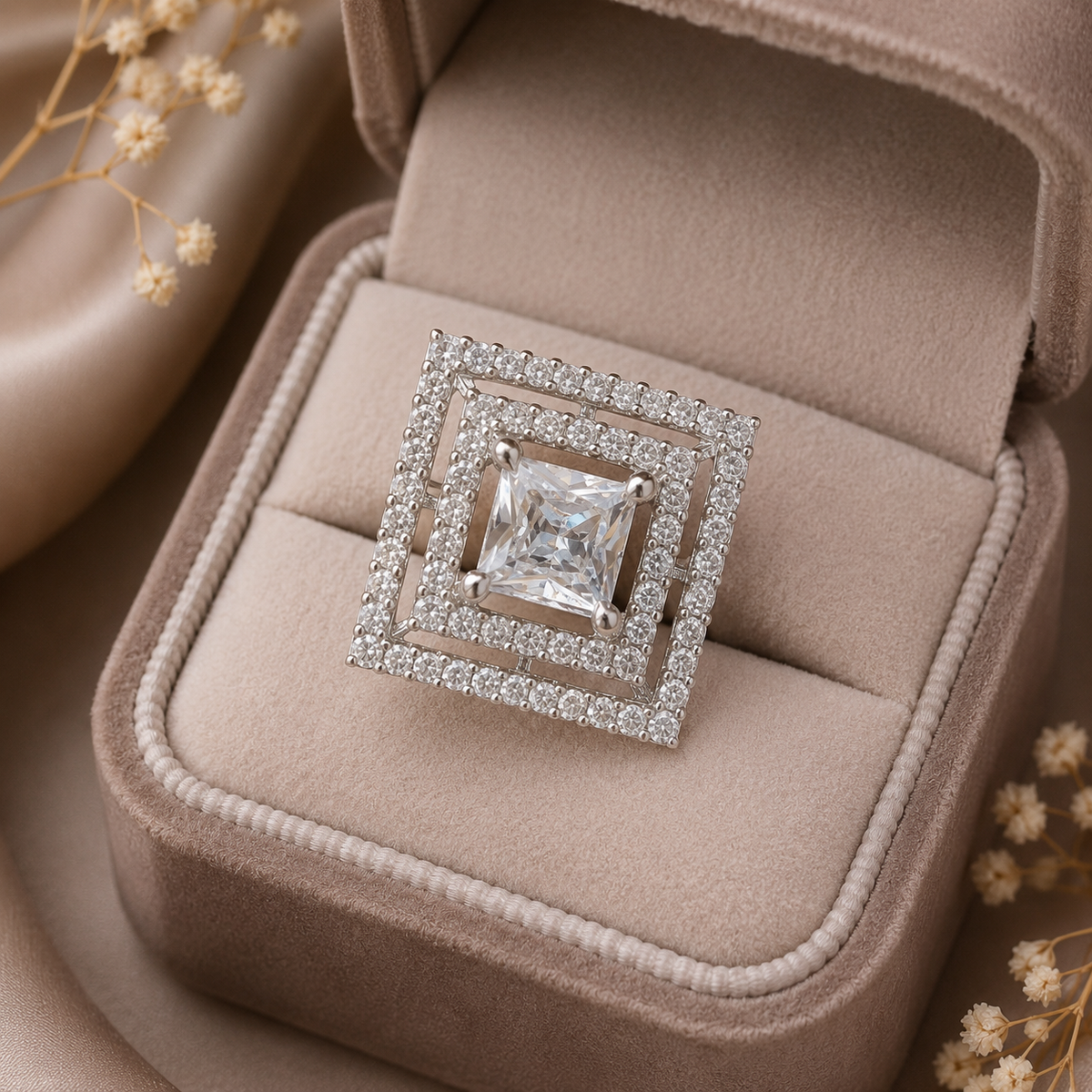 Crystal Square Statement Ring – Silver-Tone Geometric Halo Ring