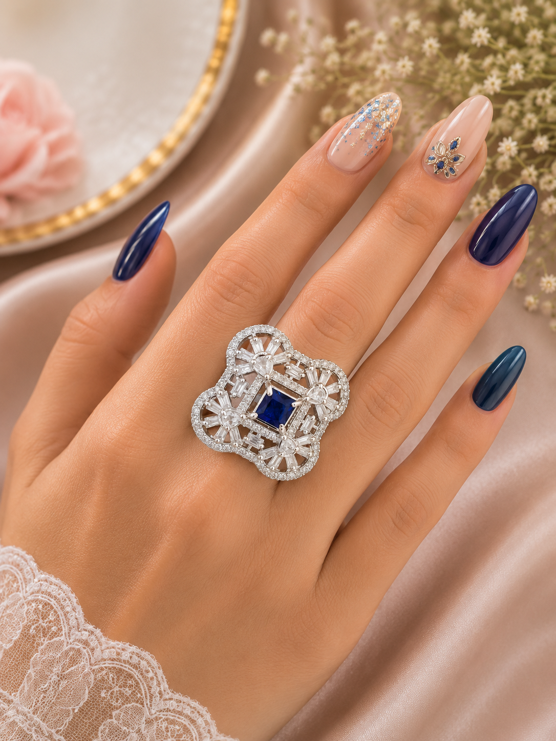 Blue Sapphire Floral Statement Ring