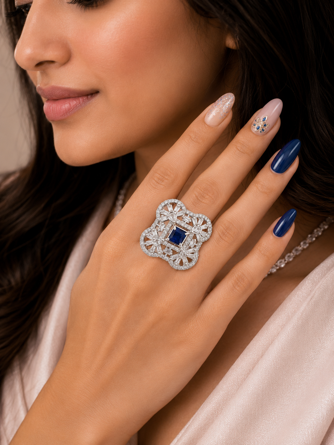 Blue Sapphire Floral Statement Ring