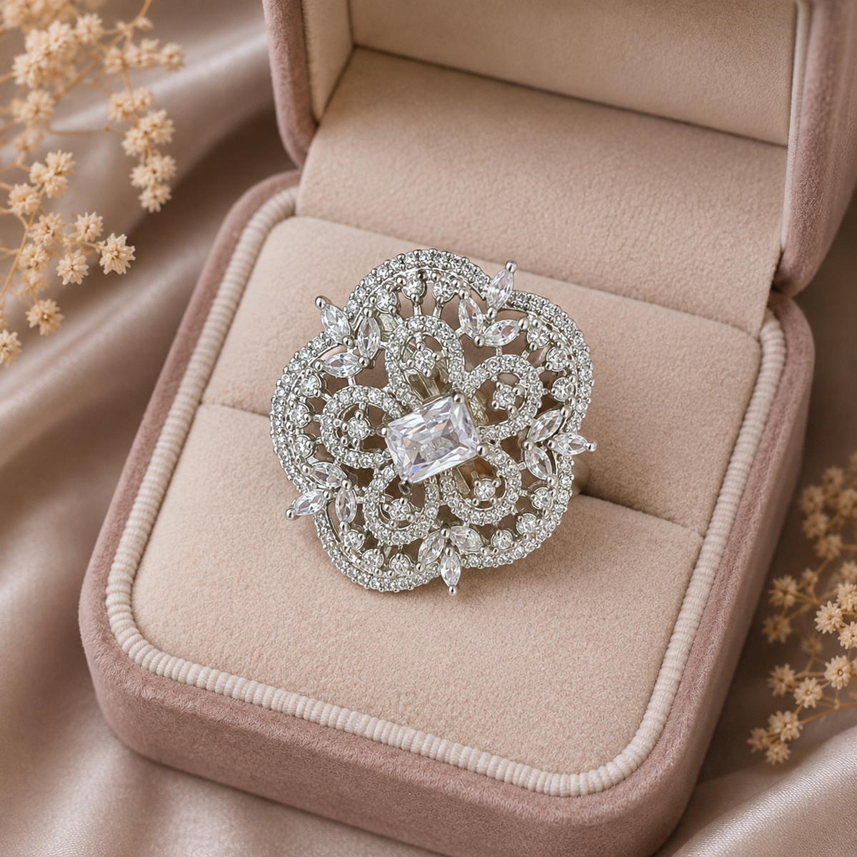 Crystal Floral Filigree Statement Ring – Silver-Tone Ring
