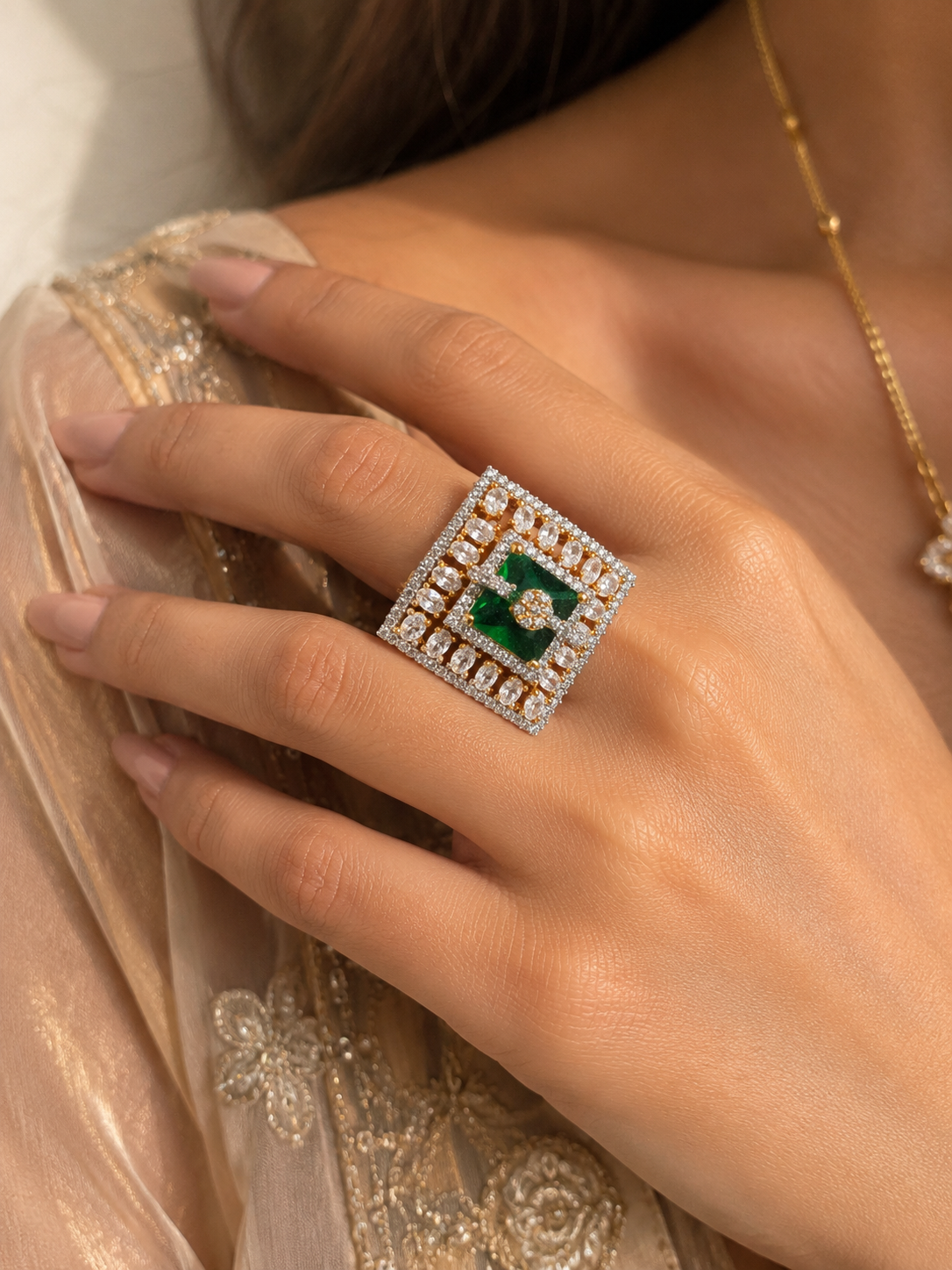 Emerald Green Geometric Statement Ring