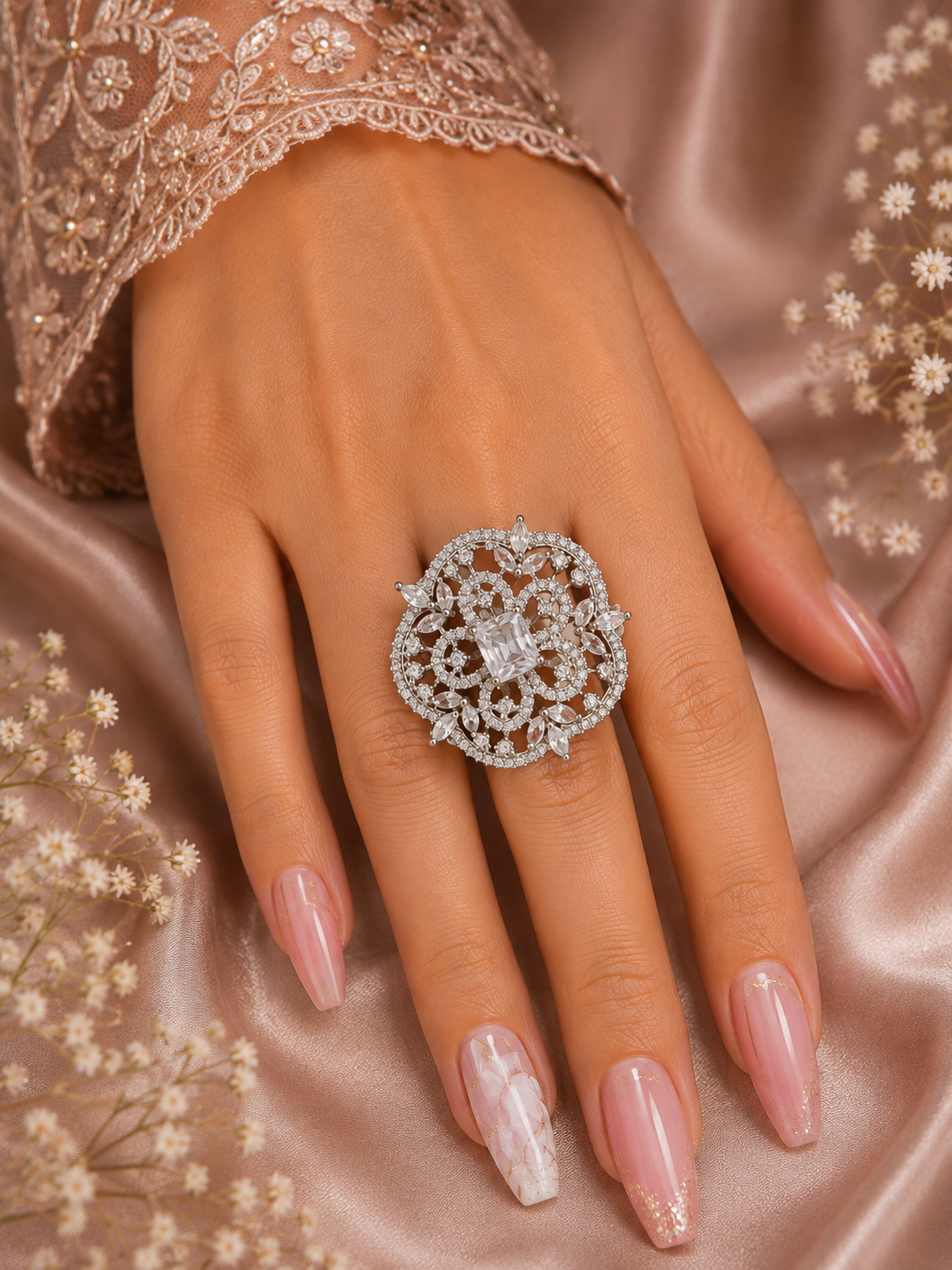 Crystal Floral Filigree Statement Ring – Silver-Tone Ring