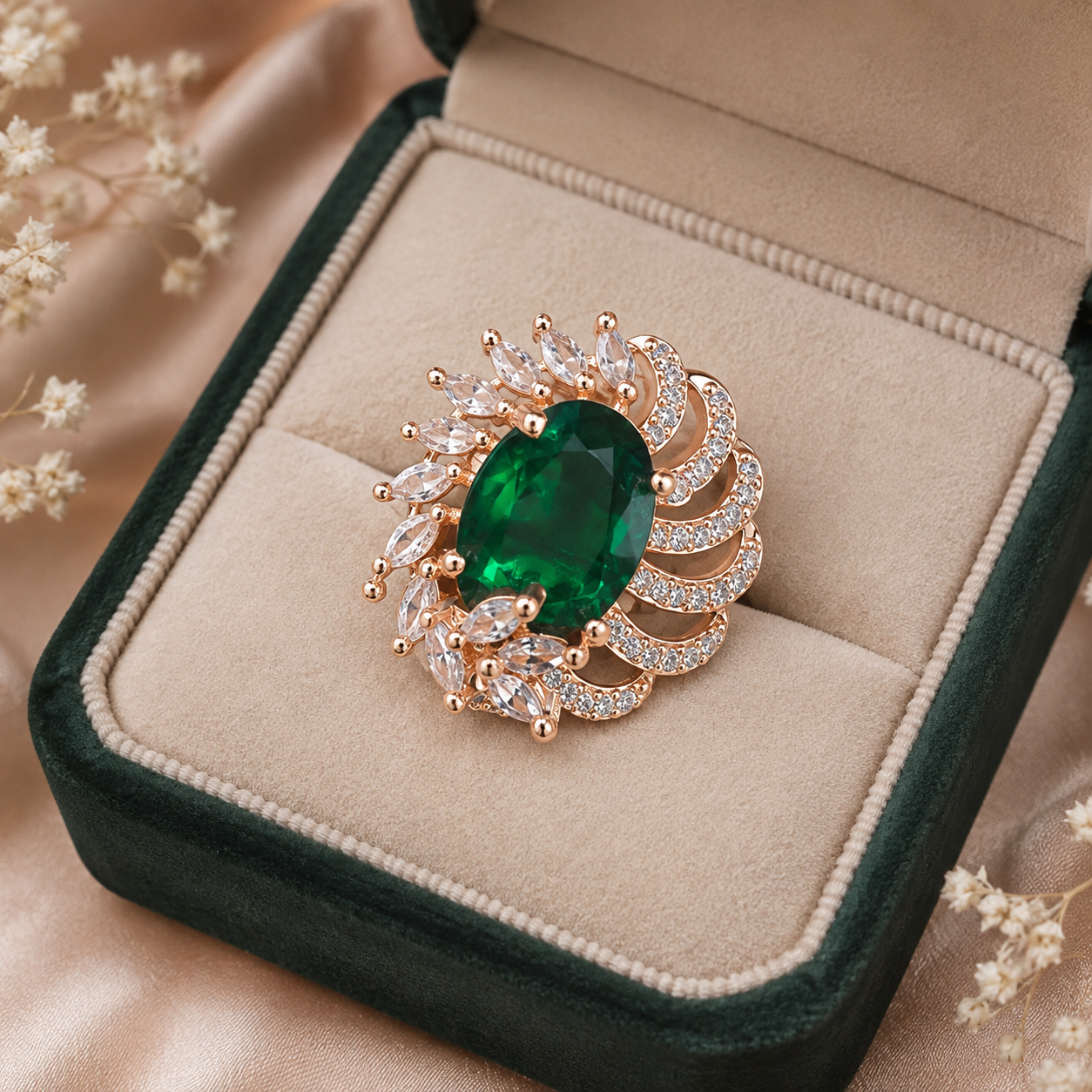 Emerald Green Statement Ring – Rose Gold-Tone Floral Crystal Ring