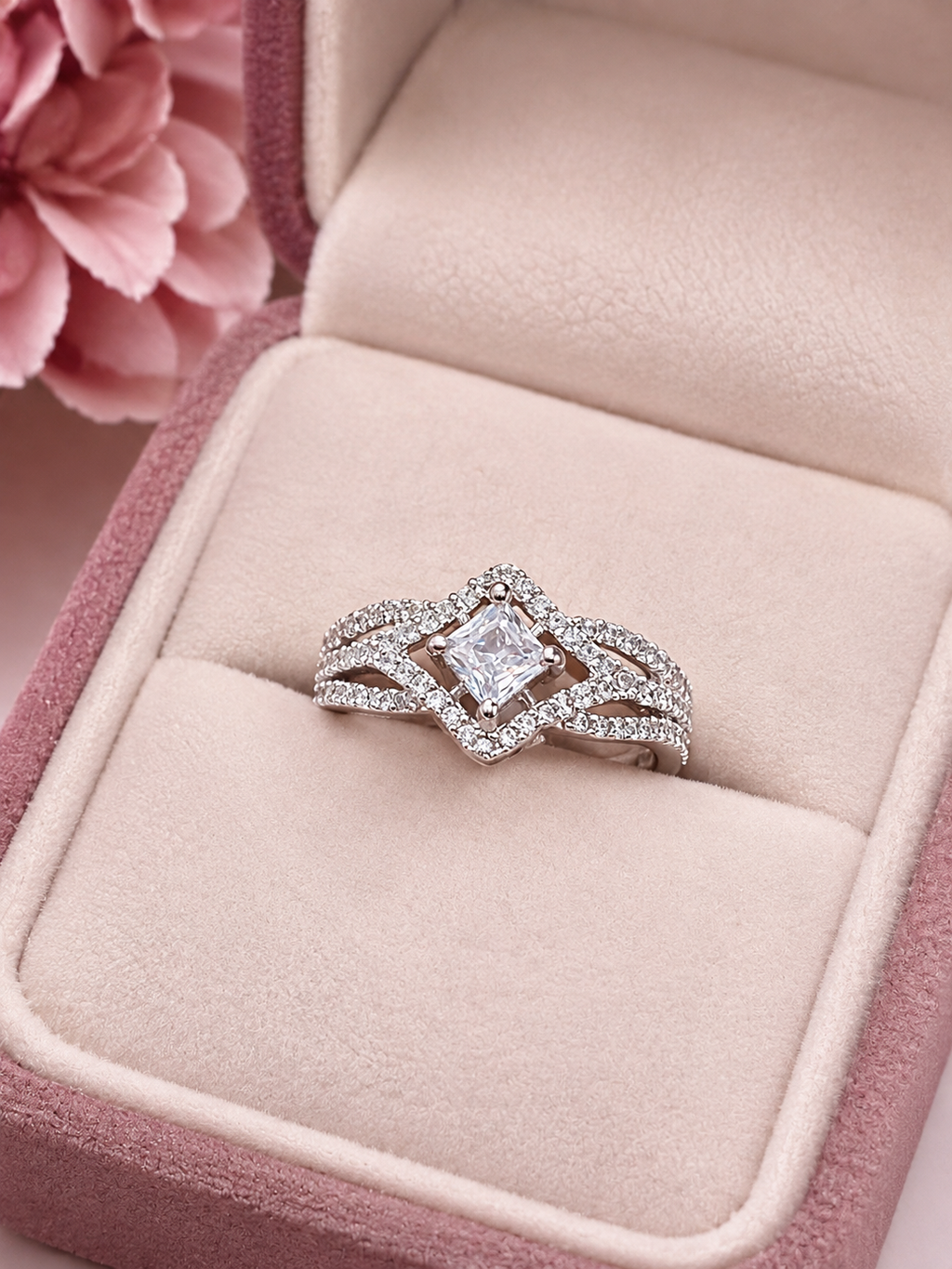 Silver Square Cut Crystal Statement Ring