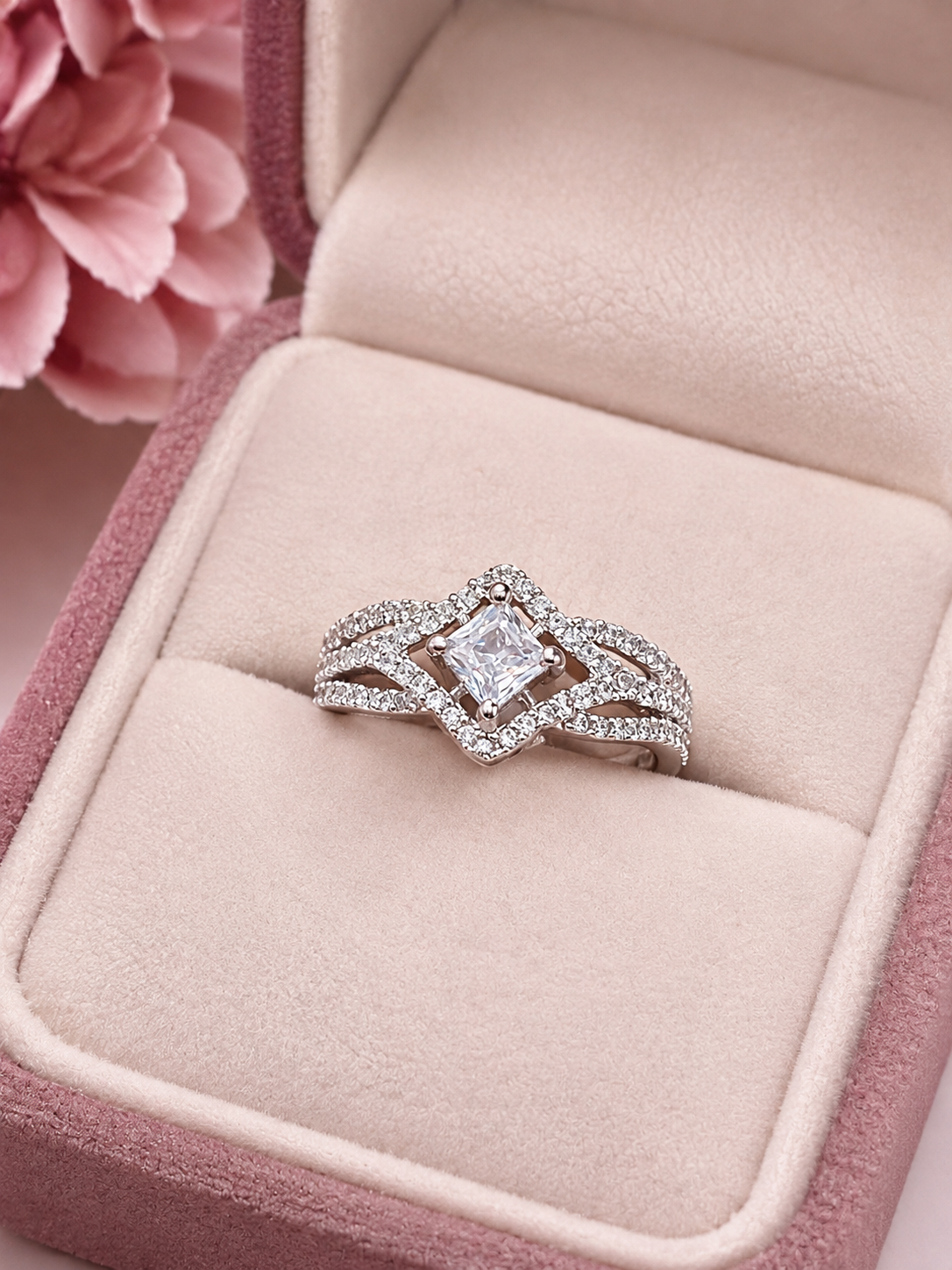 Silver Square Cut Crystal Statement Ring