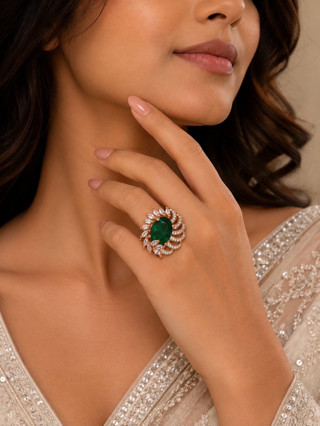 Emerald Green Statement Ring – Rose Gold-Tone Floral Crystal Ring