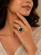 Emerald Green Statement Ring – Rose Gold-Tone Floral Crystal Ring